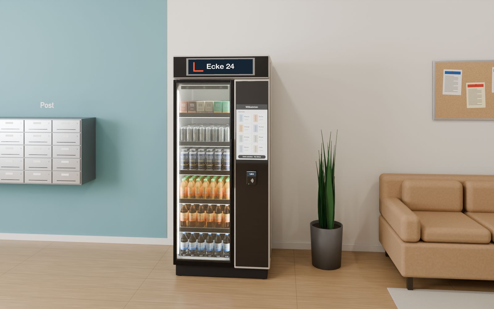 Automat in der Lobby eines Studentenheims neben Postfächern und Sofa