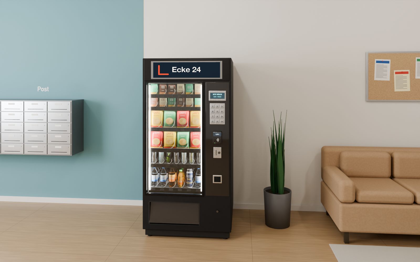 Ecke-24-Automat in der Lobby eines Studentenheims, als 3D-Vorschau