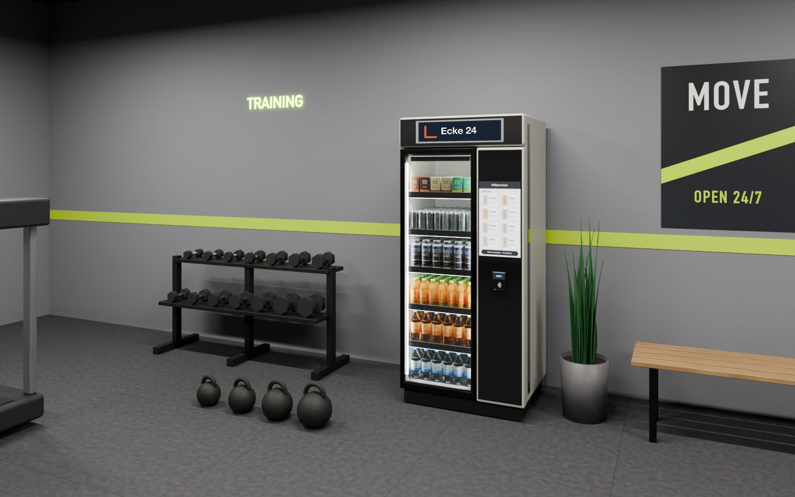 Automat in einem Fitnessstudio neben Hantelablage