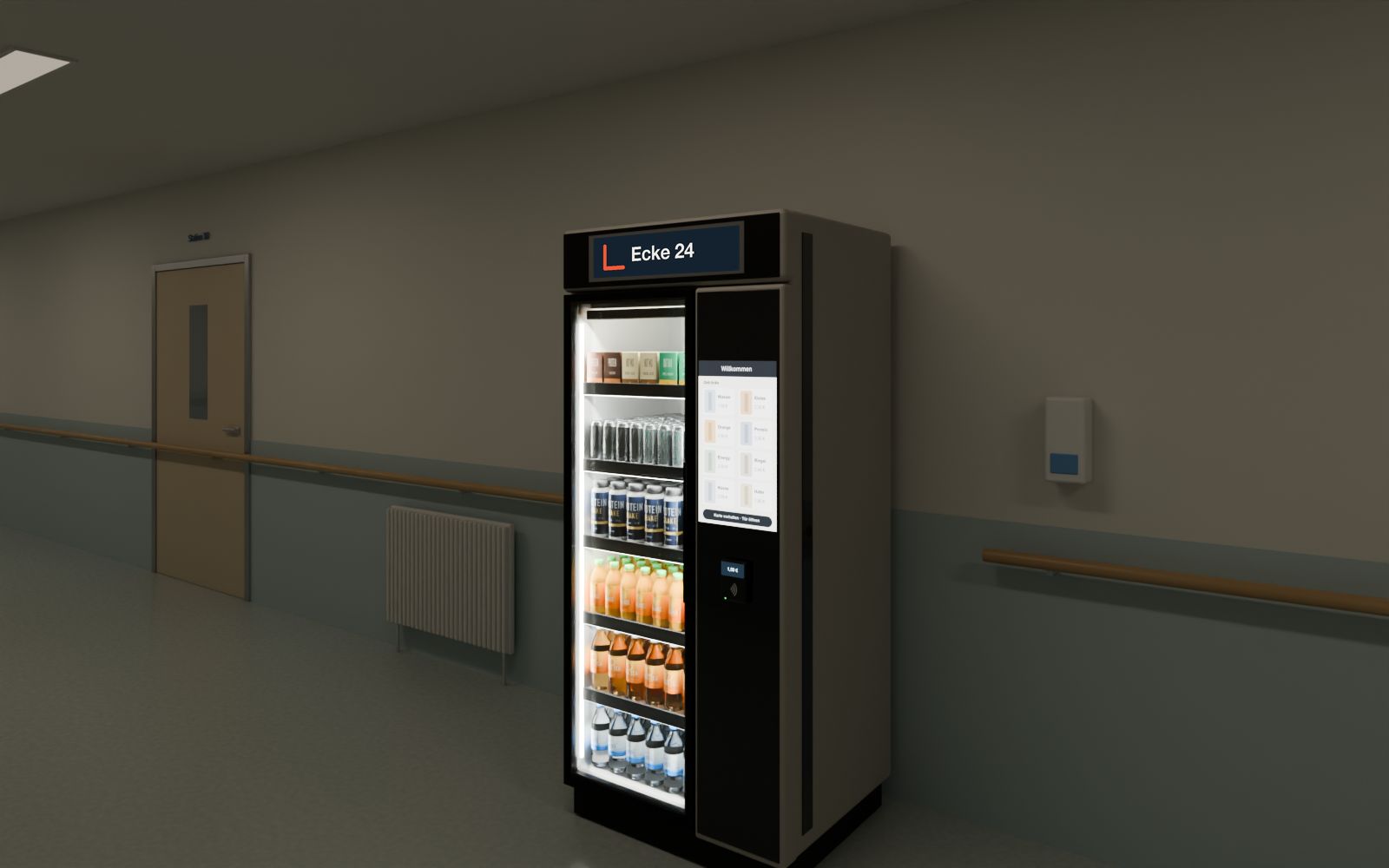 Automat mit Glastür in einem Krankenhausgang