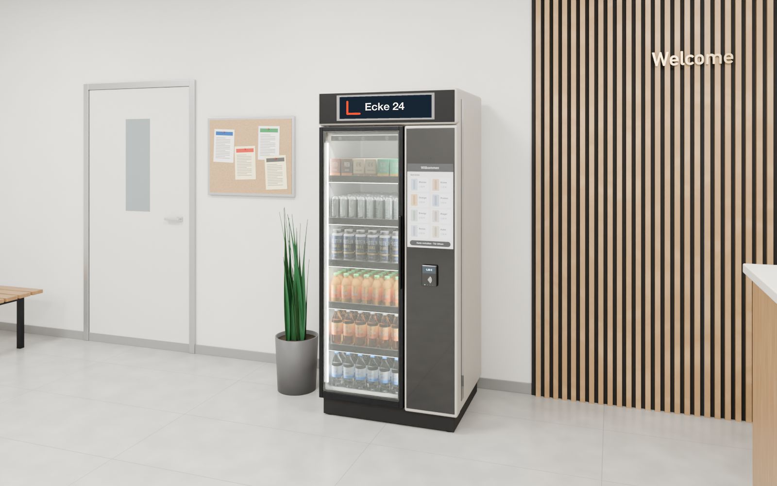 Ecke-24-Automat mit Glastür in einer hellen Büro-Lobby