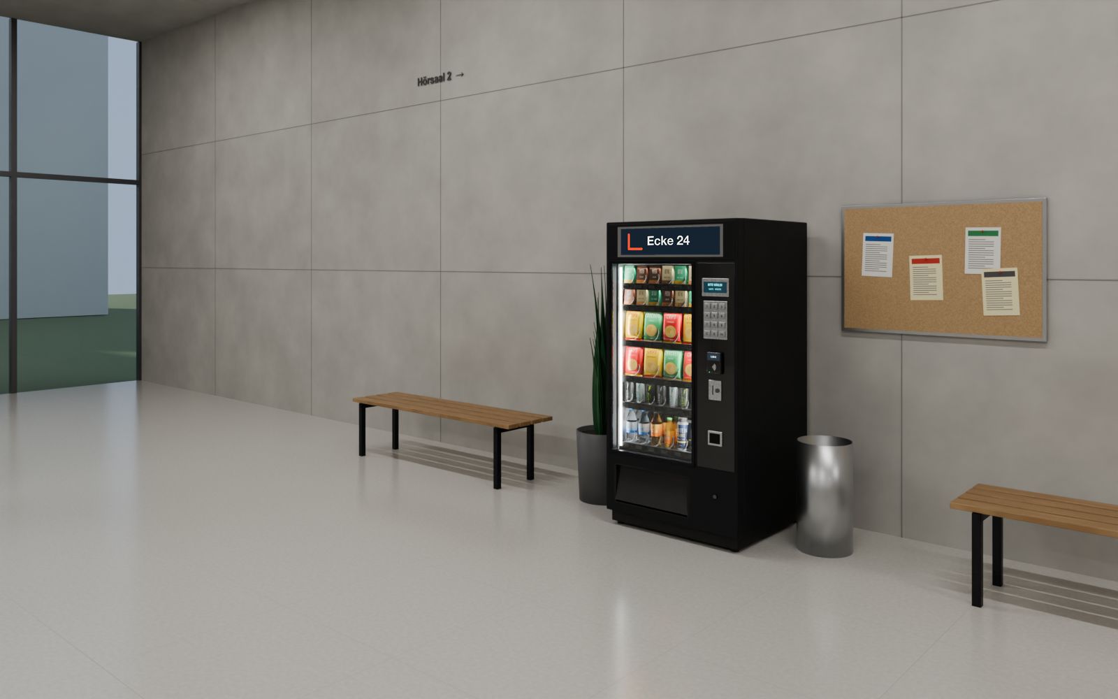 Klassischer Automat in einer Hochschulhalle neben Sitzbänken